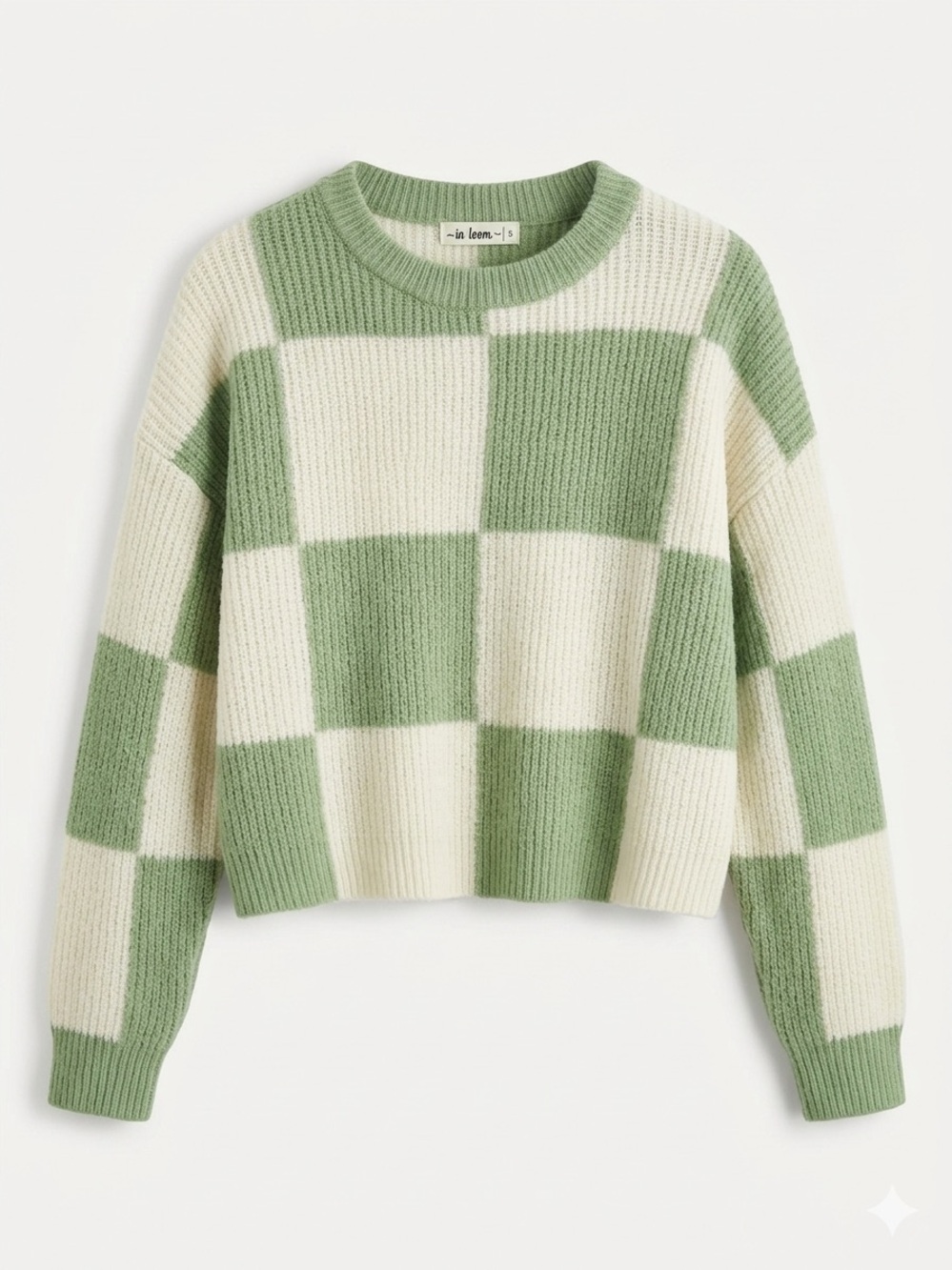 In Bloom Green and Cream Checker Knit Crew Sweater